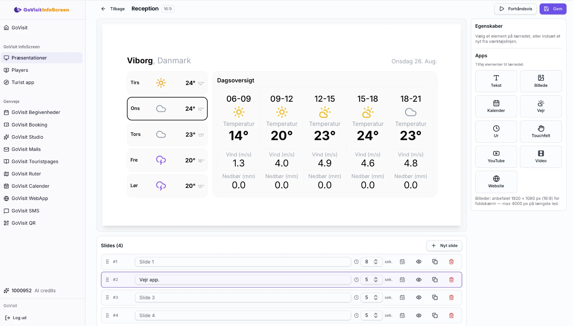 GoVisit InfoScreen editor med vejr-app, slides og apps-panel