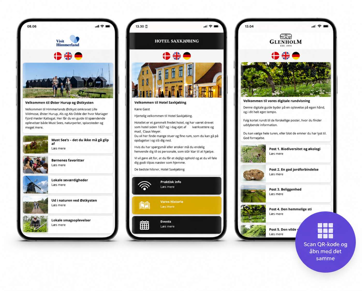 Tre telefoner der viser GoVisit WebApps for Visit Himmerland, Hotel Saxkjøbing og Glenholm
