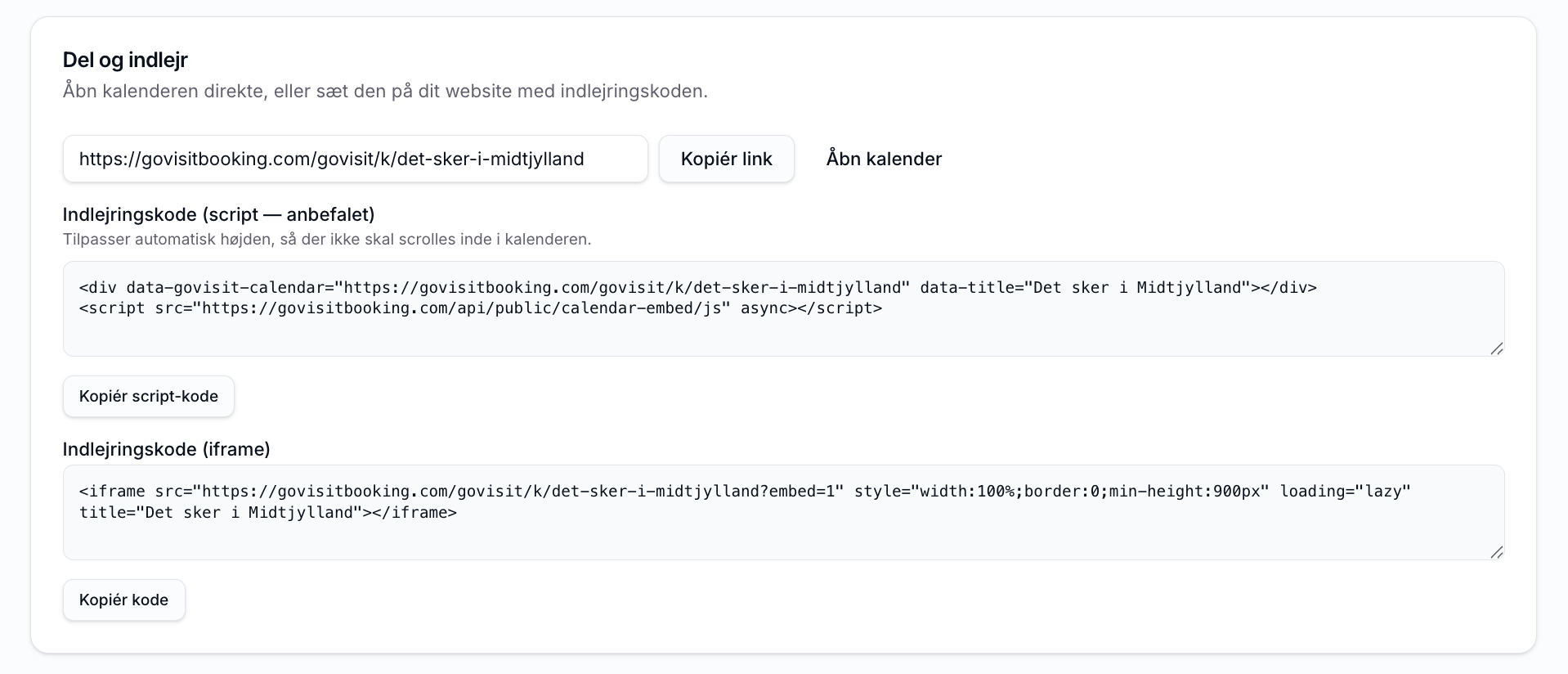 Del og indlejr: kopiér link, script-kode eller iframe til kalenderen