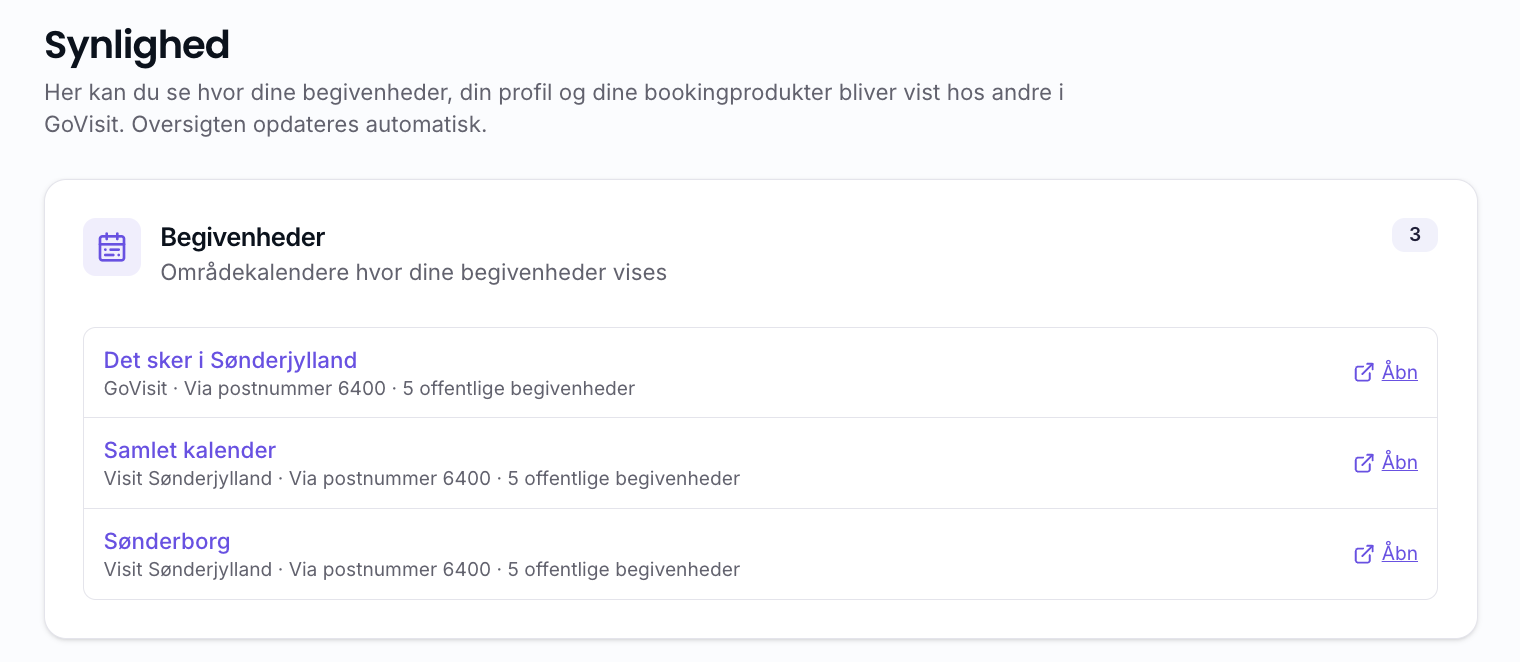 Synlighed: oversigt over områdekalendere hvor begivenhederne vises
